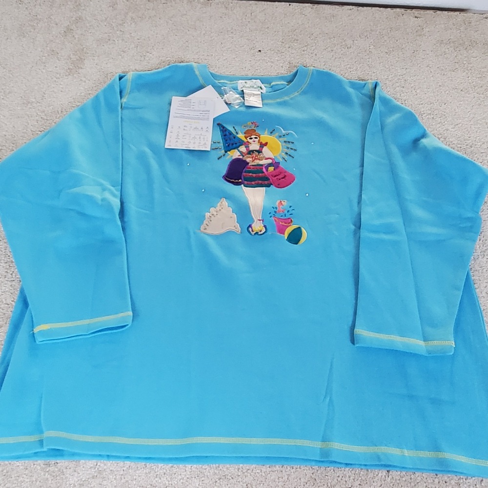 The Quacker Factory Women's Sweatshirt Size 2X Blue Beach Theme NWTGS